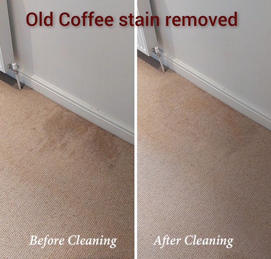 A before-and-after image showing a carpet that has been successfully cleaned of a coffee stain