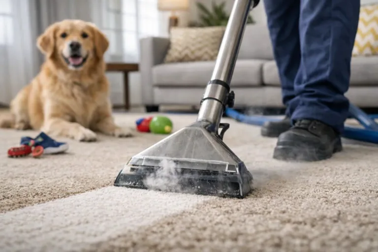 Professional carpet steam cleaning in a London home showing deep cleaning process for maintaining carpets and removing dirt, allergens, and pet hair