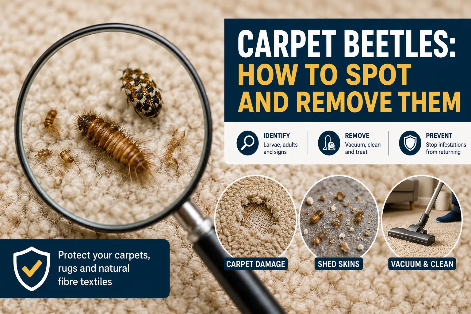Carpet beetle larva known as a woolly bear crawling on wool carpet pile