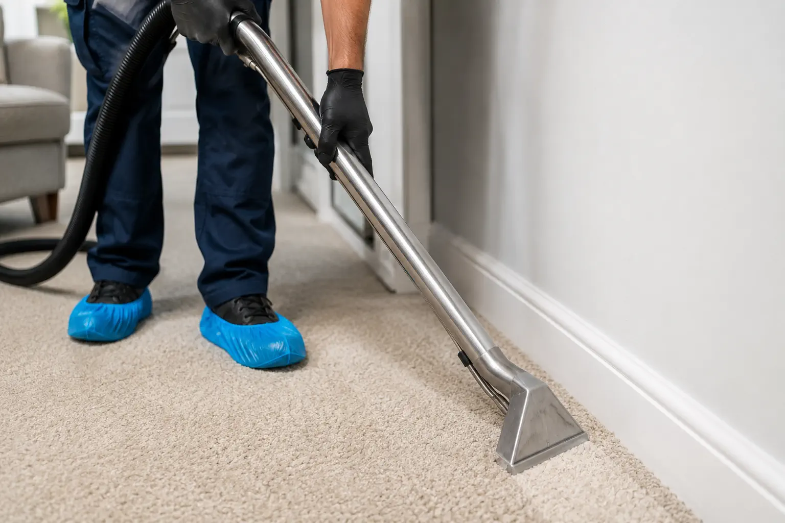 Professional technician steam cleaning carpet edges to kill carpet beetle larvae