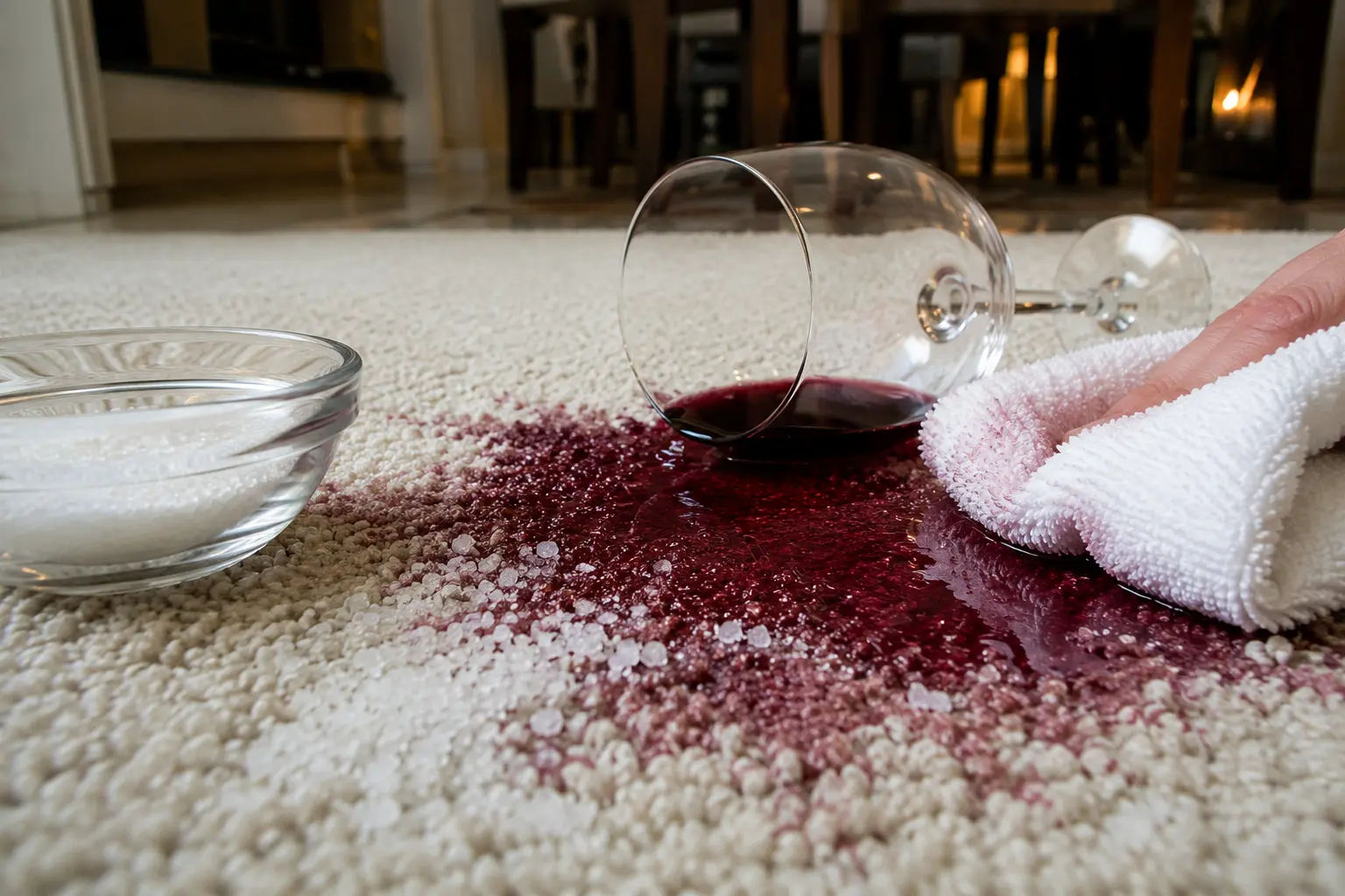 Red Wine on the Carpet Mid-Party: 10-Minute Damage Control 2 Close-up of red wine soaking into a cream wool carpet. A white microfibre cloth blots the spill. Coarse salt is added to help absorb the stain.