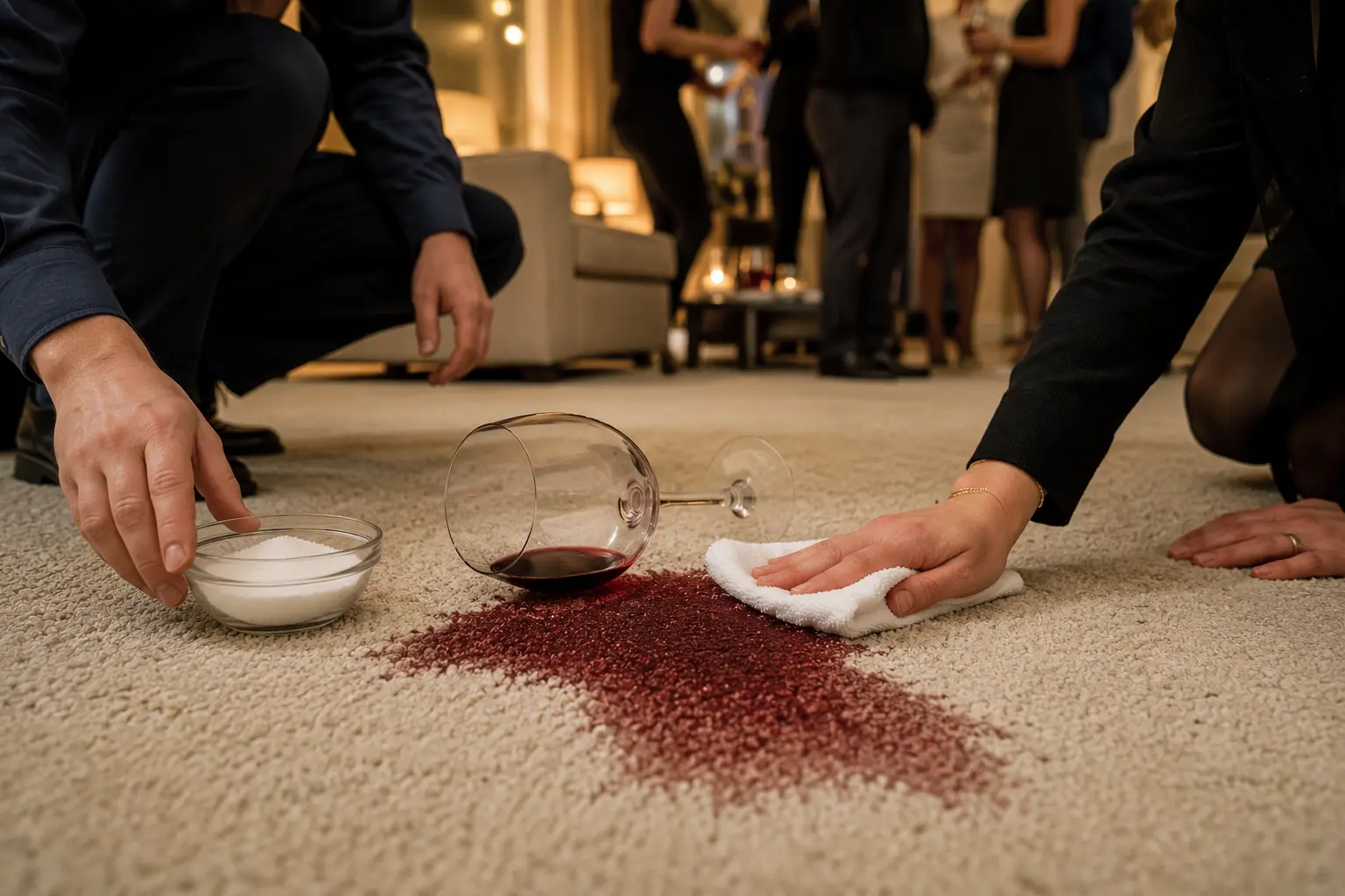 Red Wine on the Carpet Mid-Party: 10-Minute Damage Control 1 Fresh red wine spilled on a light beige wool carpet during a dinner party.A guest blots the stain with a clean white cloth in a London home.