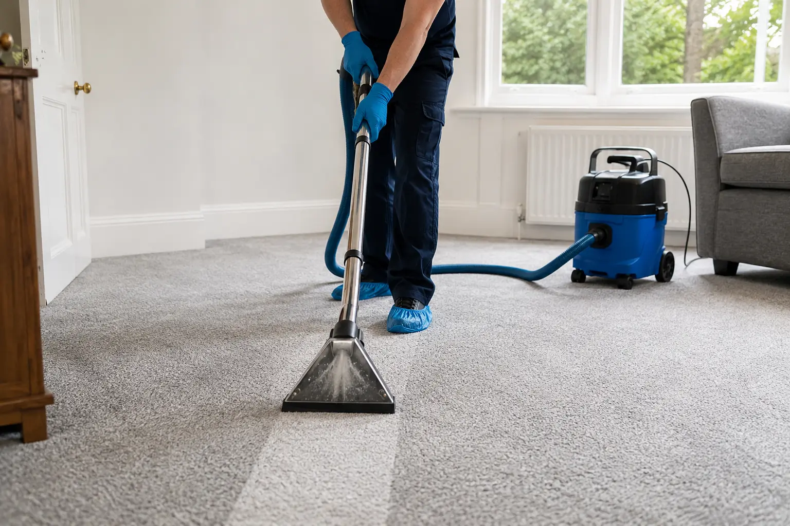 Close-up of professional water extraction removing moisture from a flood-damaged carpet during emergency restoration.