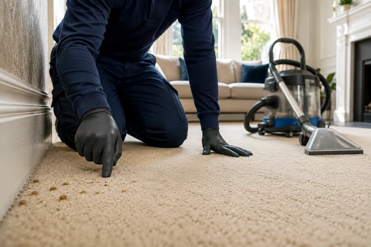 wool carpet being carefully inspected by a professional carpet cleaning technician for carpet beetles larvae