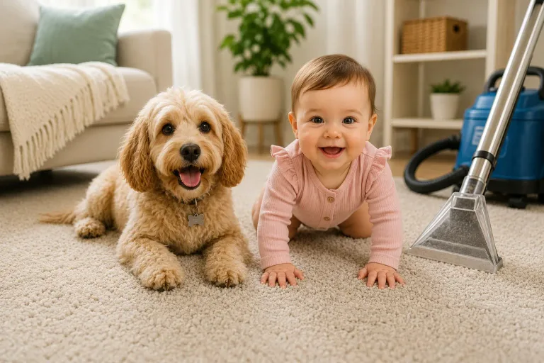 Baby and dog playing on a clean carpet after professional carpet cleaning