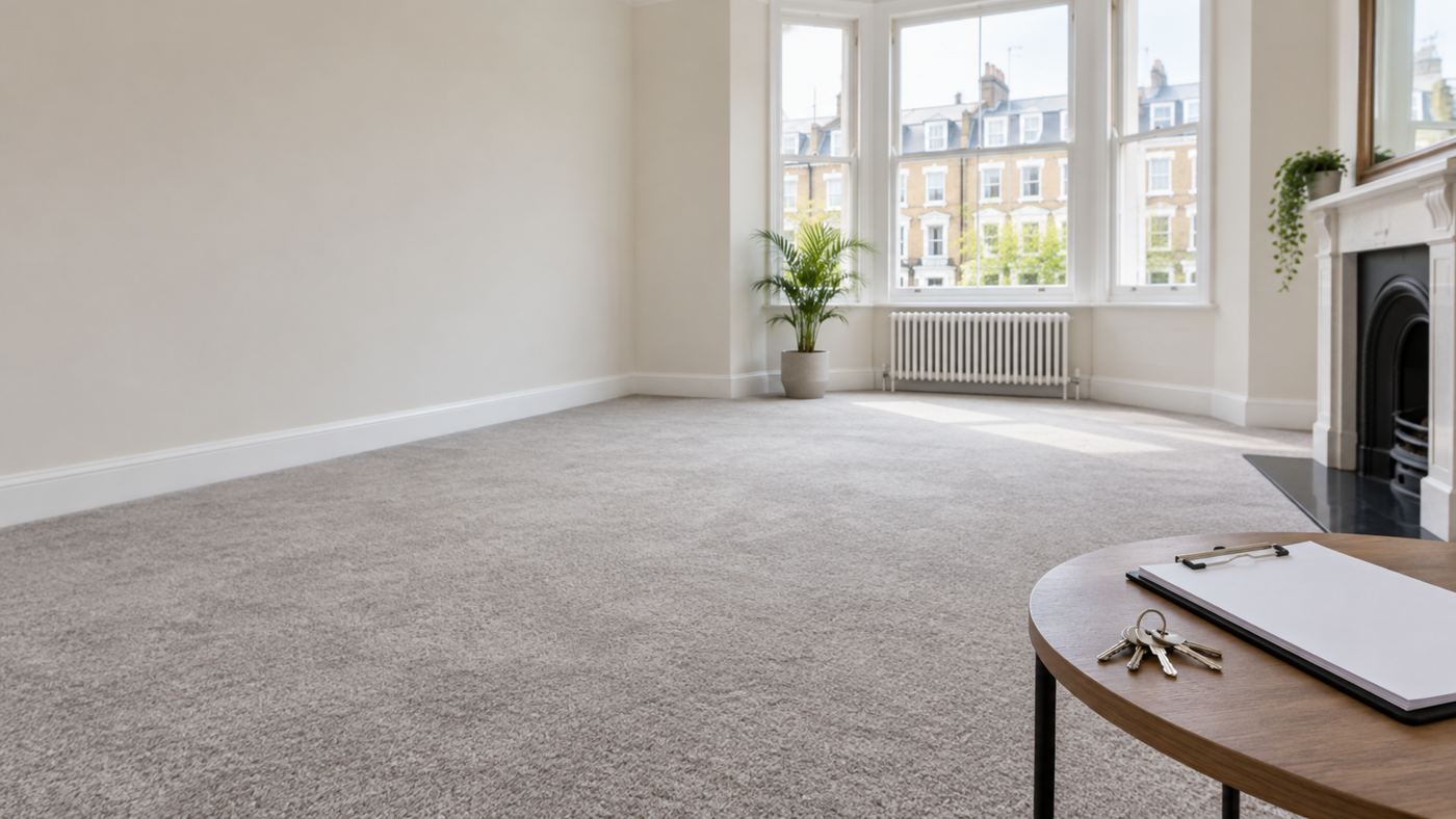 Empty London rental living room with clean carpet, keys and inventory clipboard