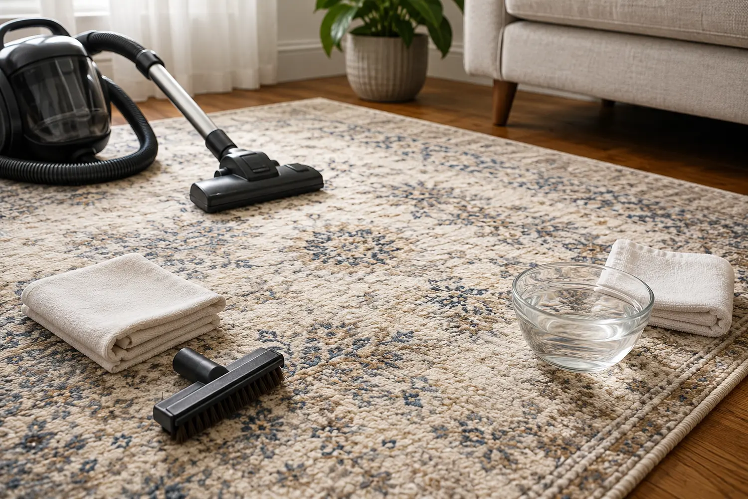 Viscose rug with a vacuum, soft towels and cleaning tools for gentle rug care