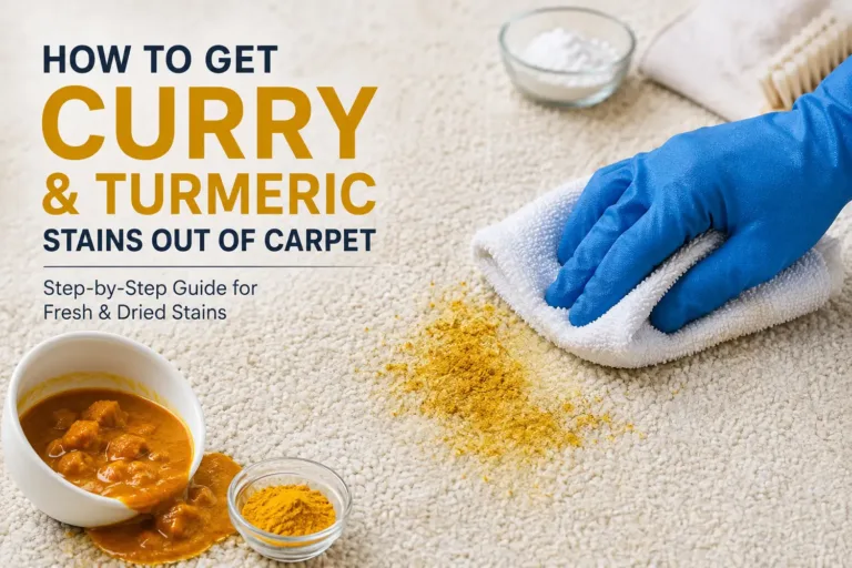 How to Get Curry and Turmeric Stains Out of Carpet 1 Person wearing blue gloves cleaning a curry and turmeric stain from a light-coloured carpet with a white cloth