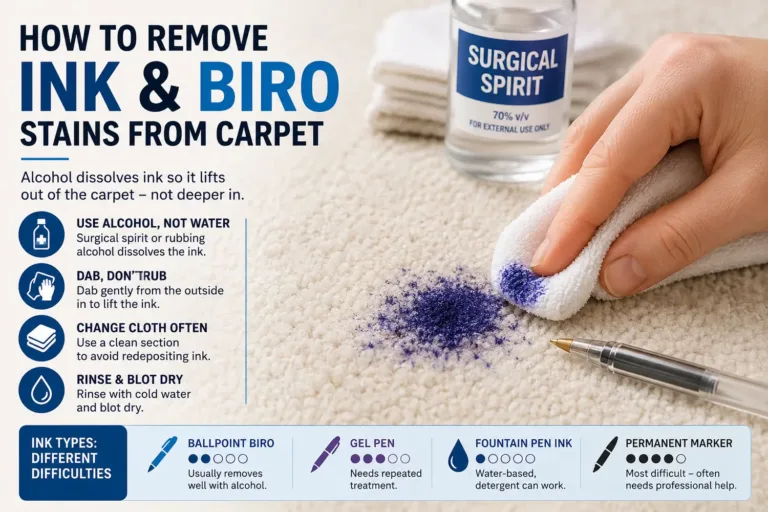 How to remove ink and biro stains from carpet using alcohol, blotting and a clean white cloth
