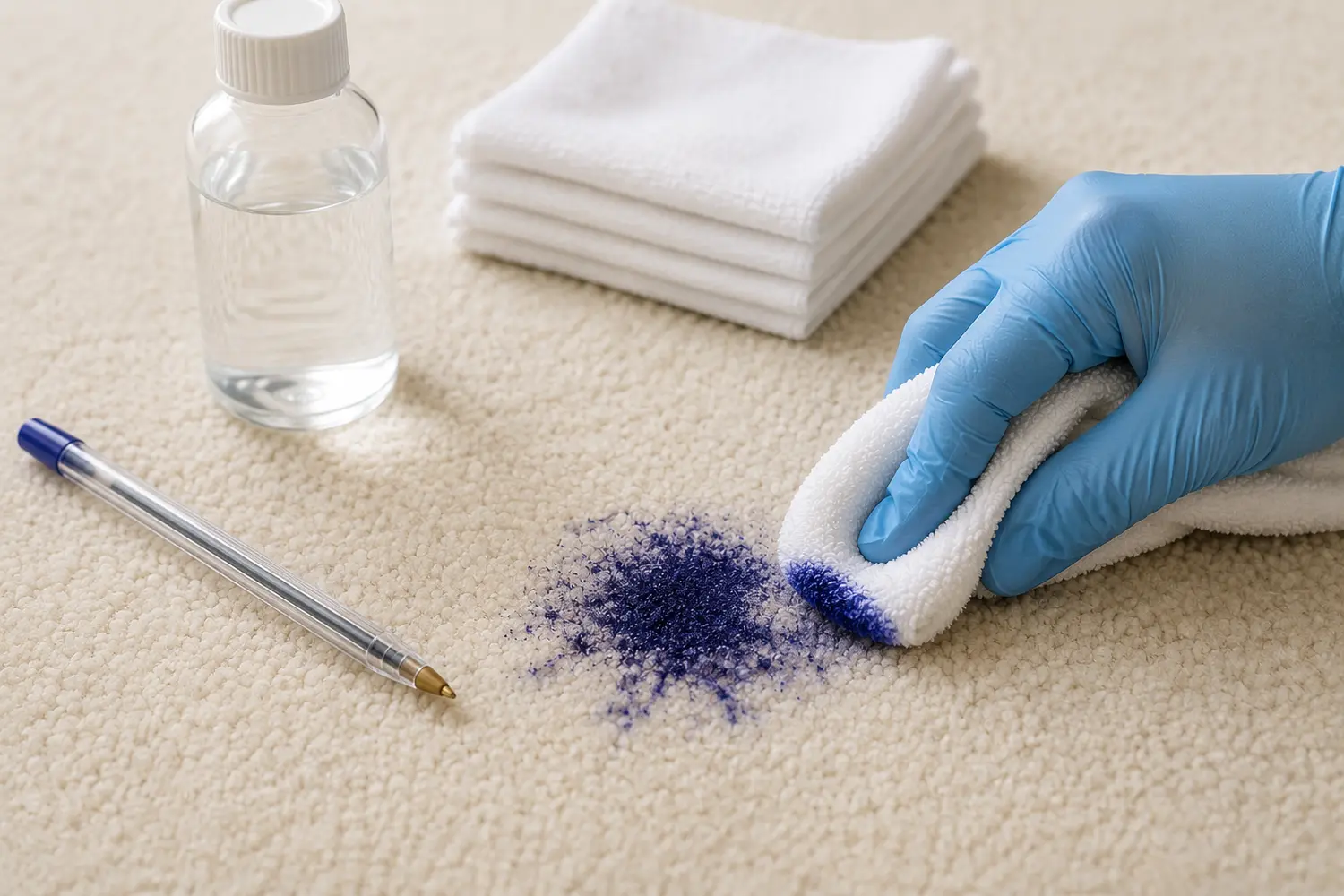 Blue-gloved hand blotting a blue ink stain from a cream carpet with a white cloth