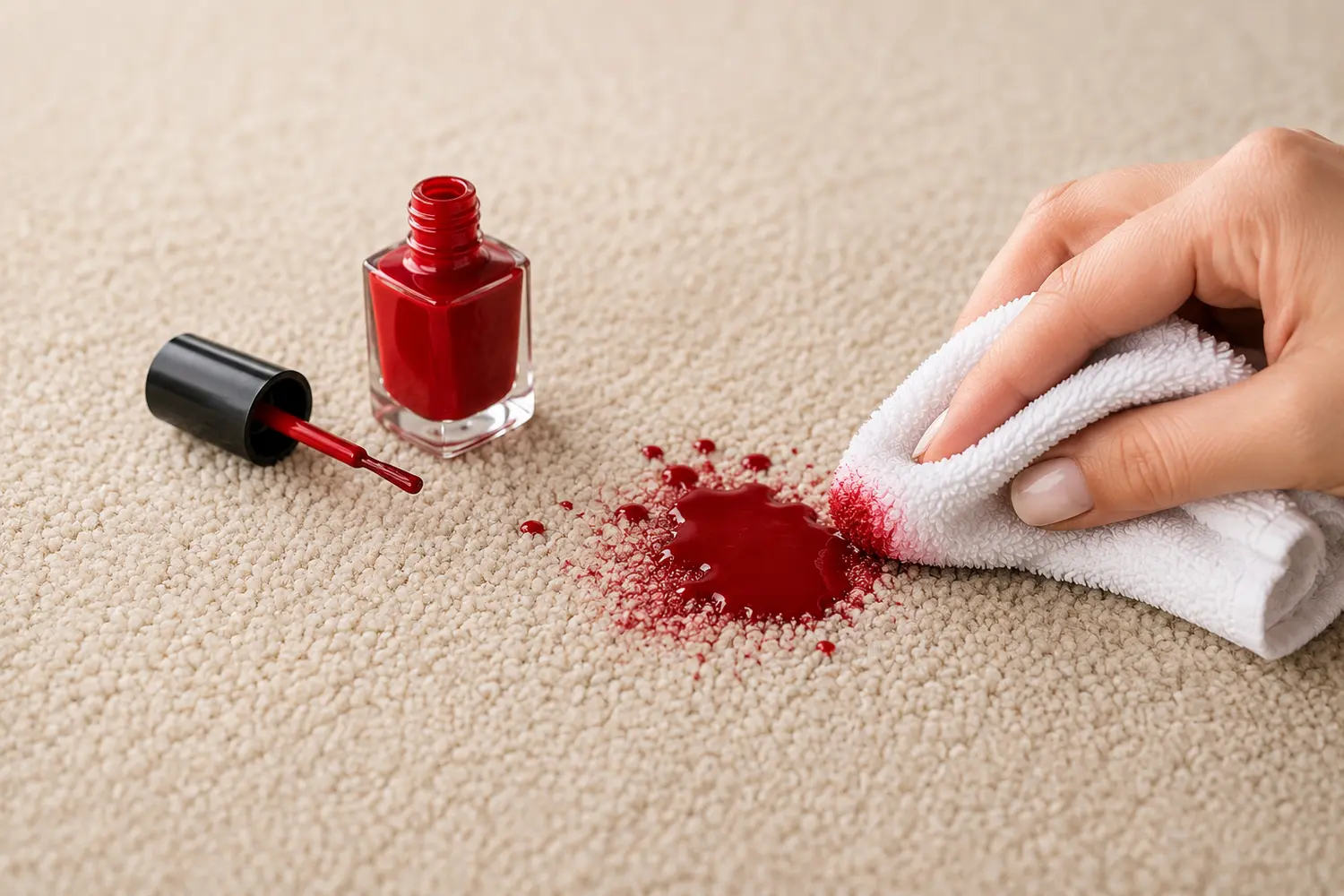 Red nail polish spill being blotted from a beige carpet with a white cloth