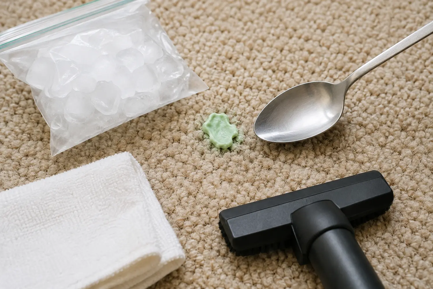 How to Get Chewing Gum Out of Carpet (Without Cutting the Pile) 1 Ice, spoon, paper towel and vacuum cleaner used to remove chewing gum from carpet