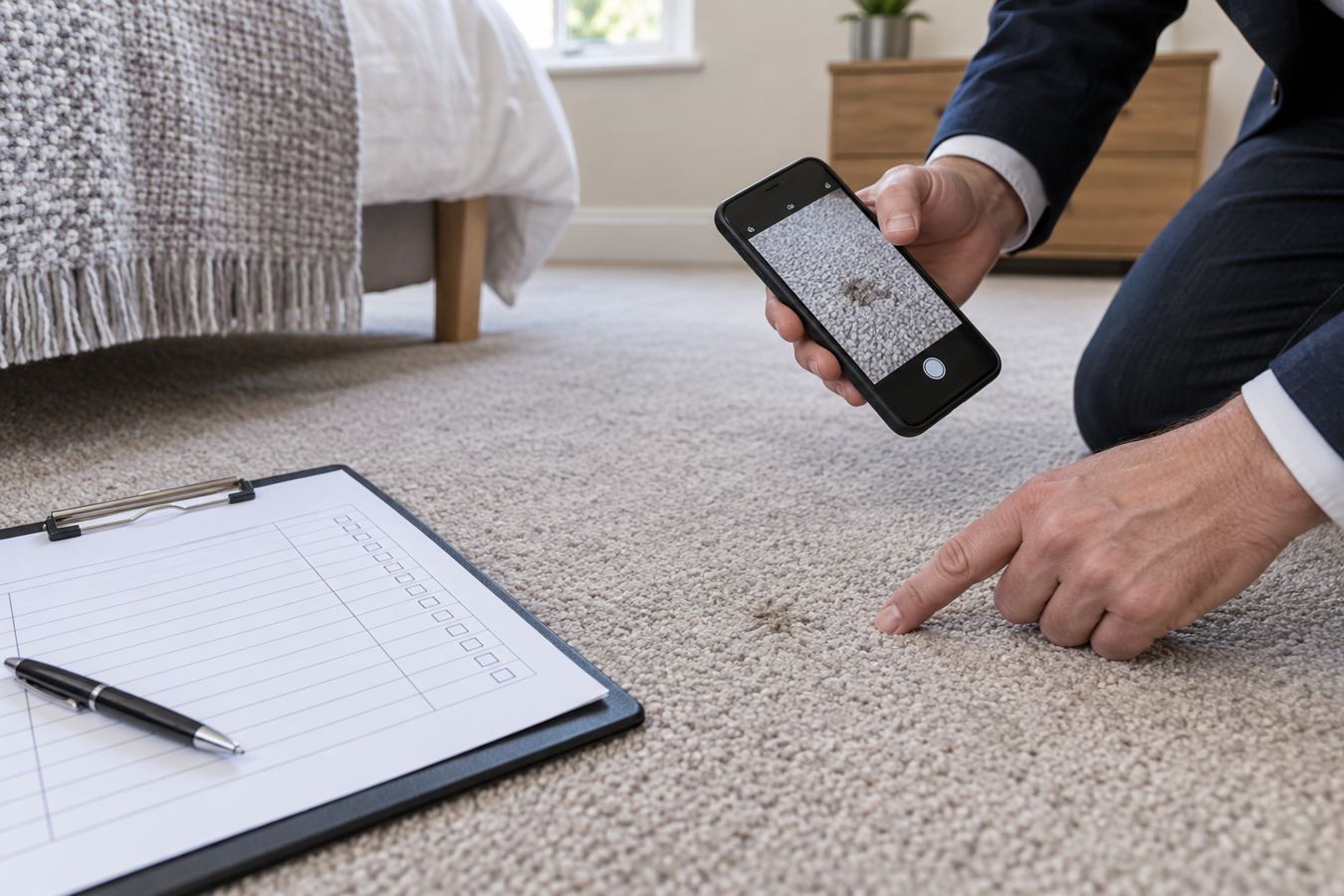 Landlord documenting carpet condition with inventory sheet and smartphone
