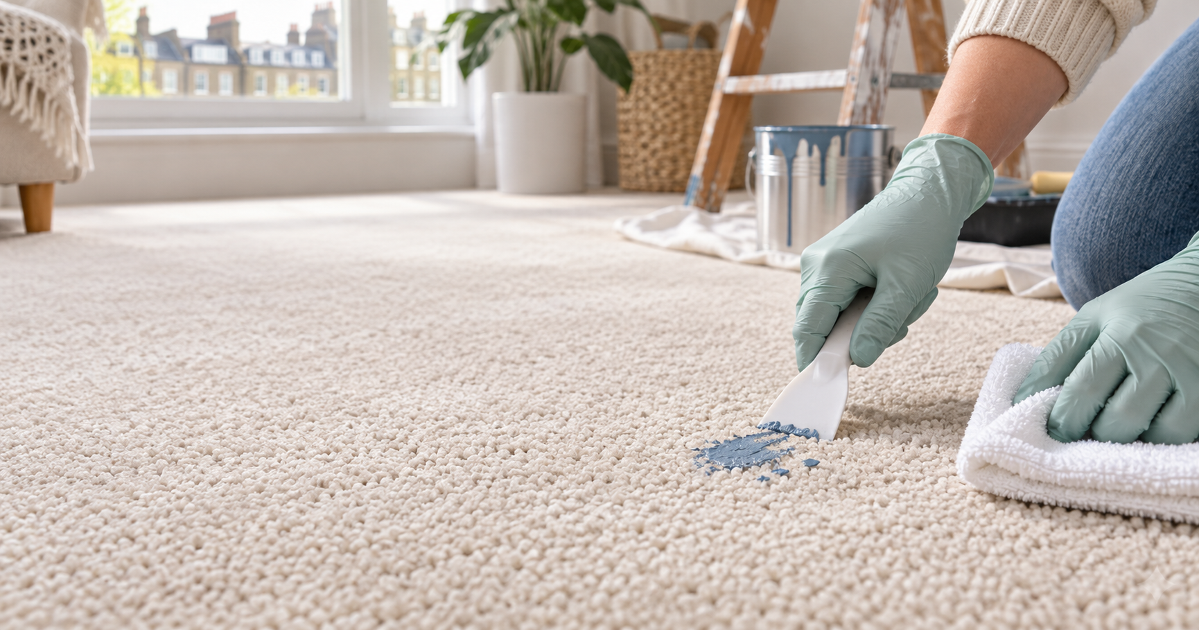 Gloved technician lifting dried acrylic paint from a carpet with a plastic scraper and cloth