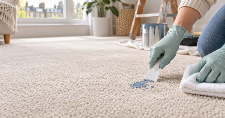 Gloved technician lifting dried acrylic paint from a carpet with a plastic scraper and cloth