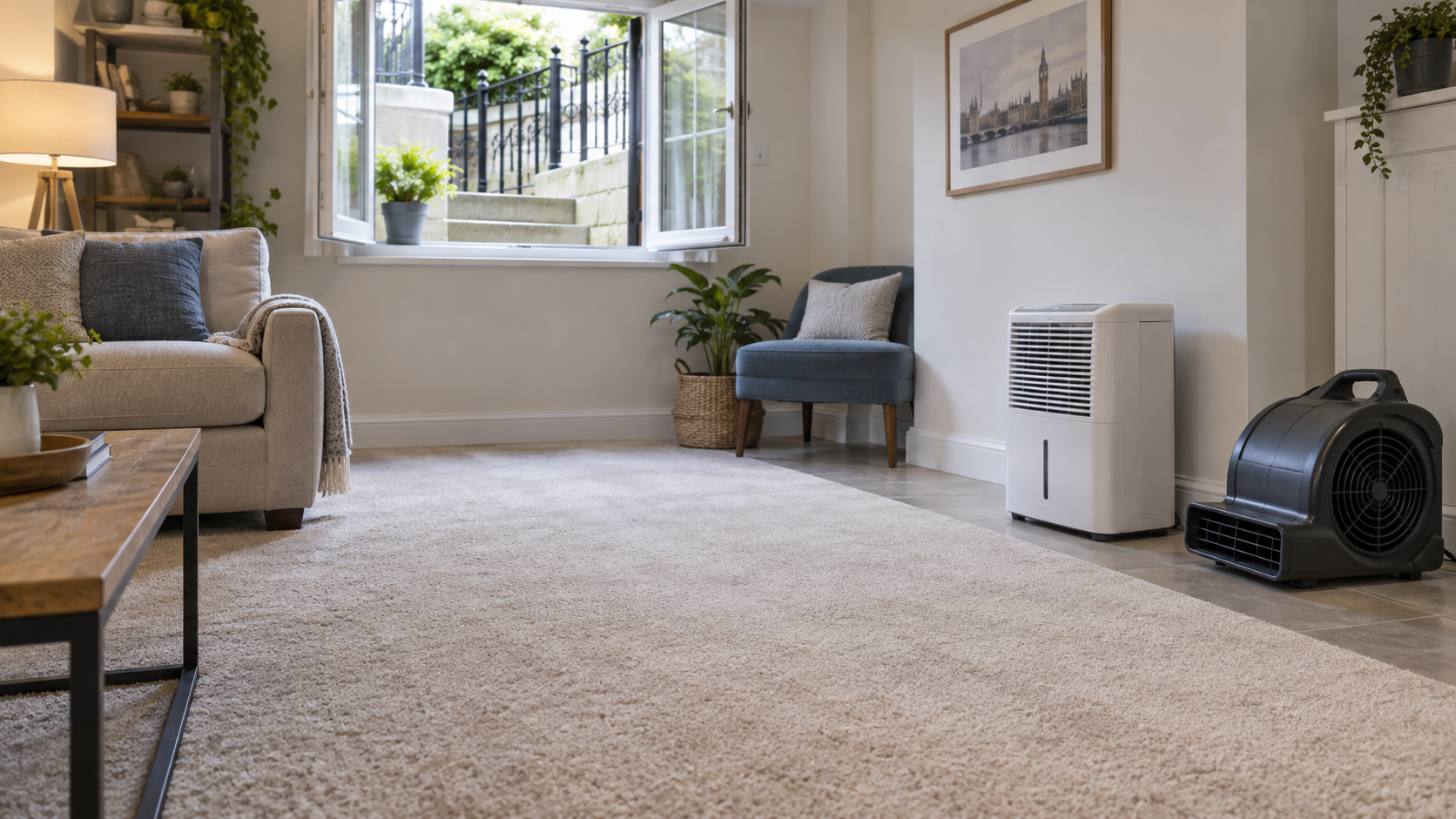 Freshly cleaned carpet in a basement flat drying with ventilation and a dehumidifier