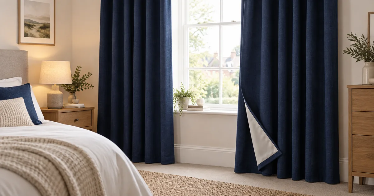 Navy blackout curtains at a bedroom window, with corner turned to show pale lining.