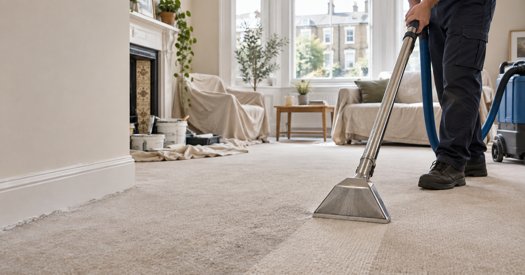 Professional carpet cleaner removing renovation dust from carpet in a freshly decorated London room