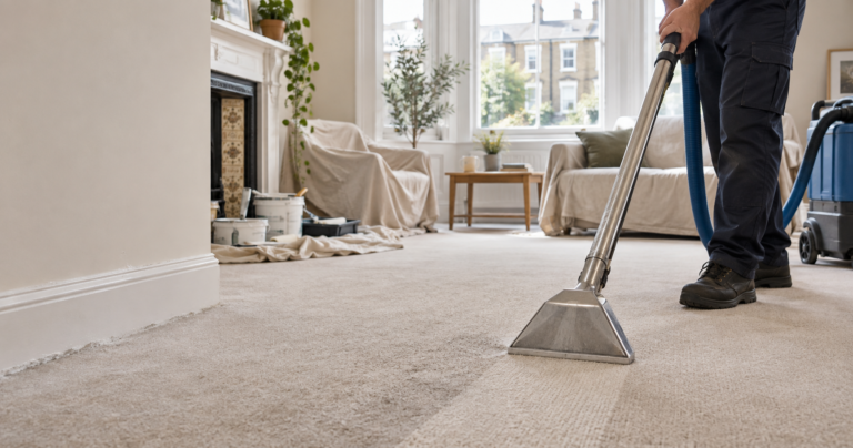 Professional carpet cleaner removing renovation dust from carpet in a freshly decorated London room