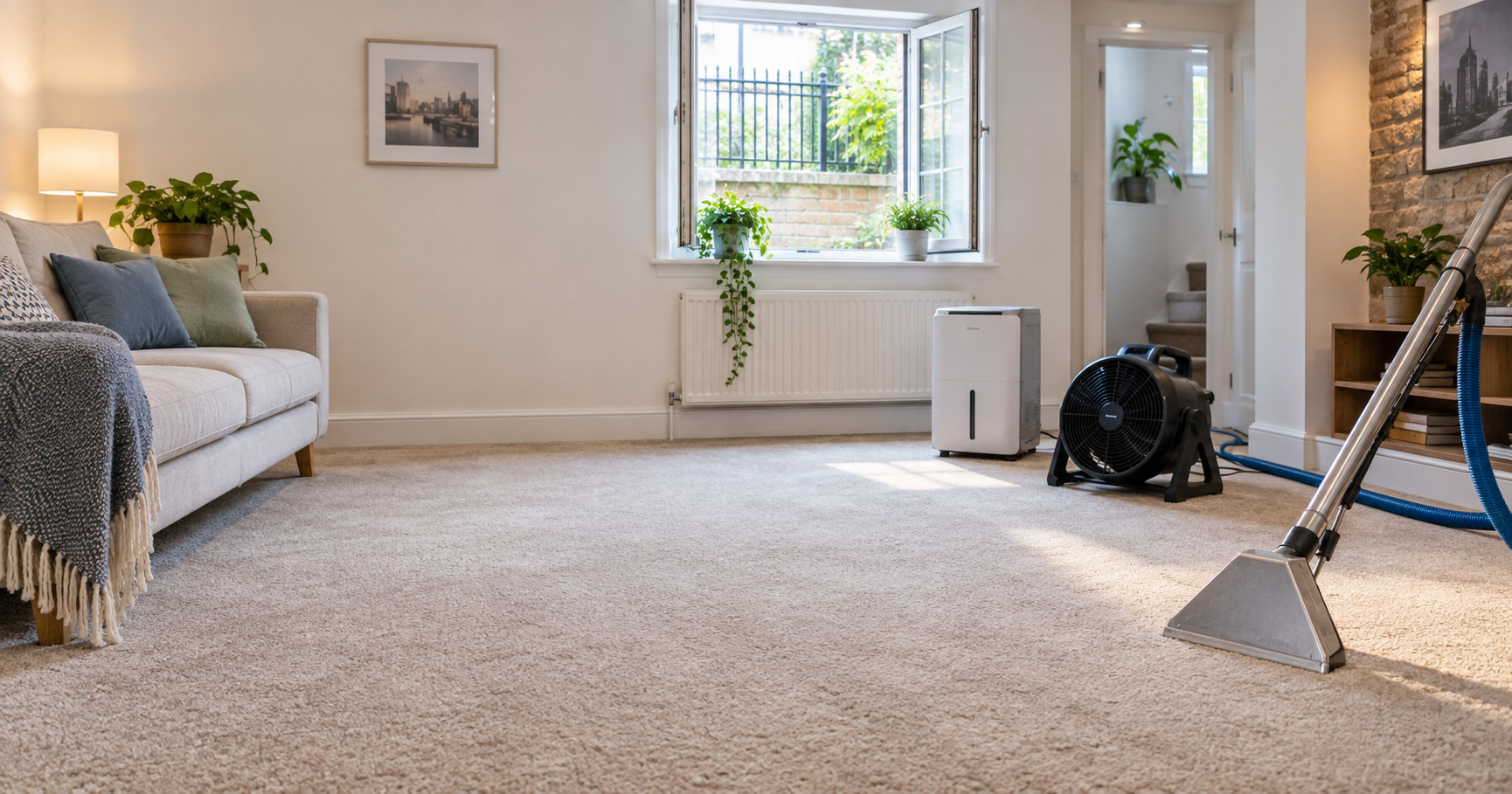 Bright London basement flat prepared for carpet cleaning with open window and drying equipment