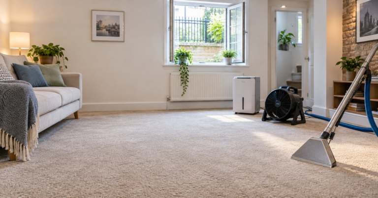 Bright London basement flat prepared for carpet cleaning with open window and drying equipment