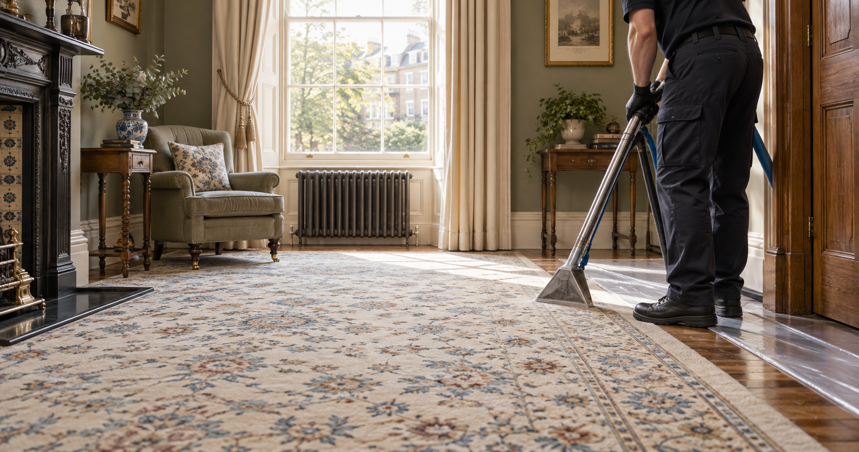 Professional carpet cleaner protecting an original carpet and timber threshold in a London period home