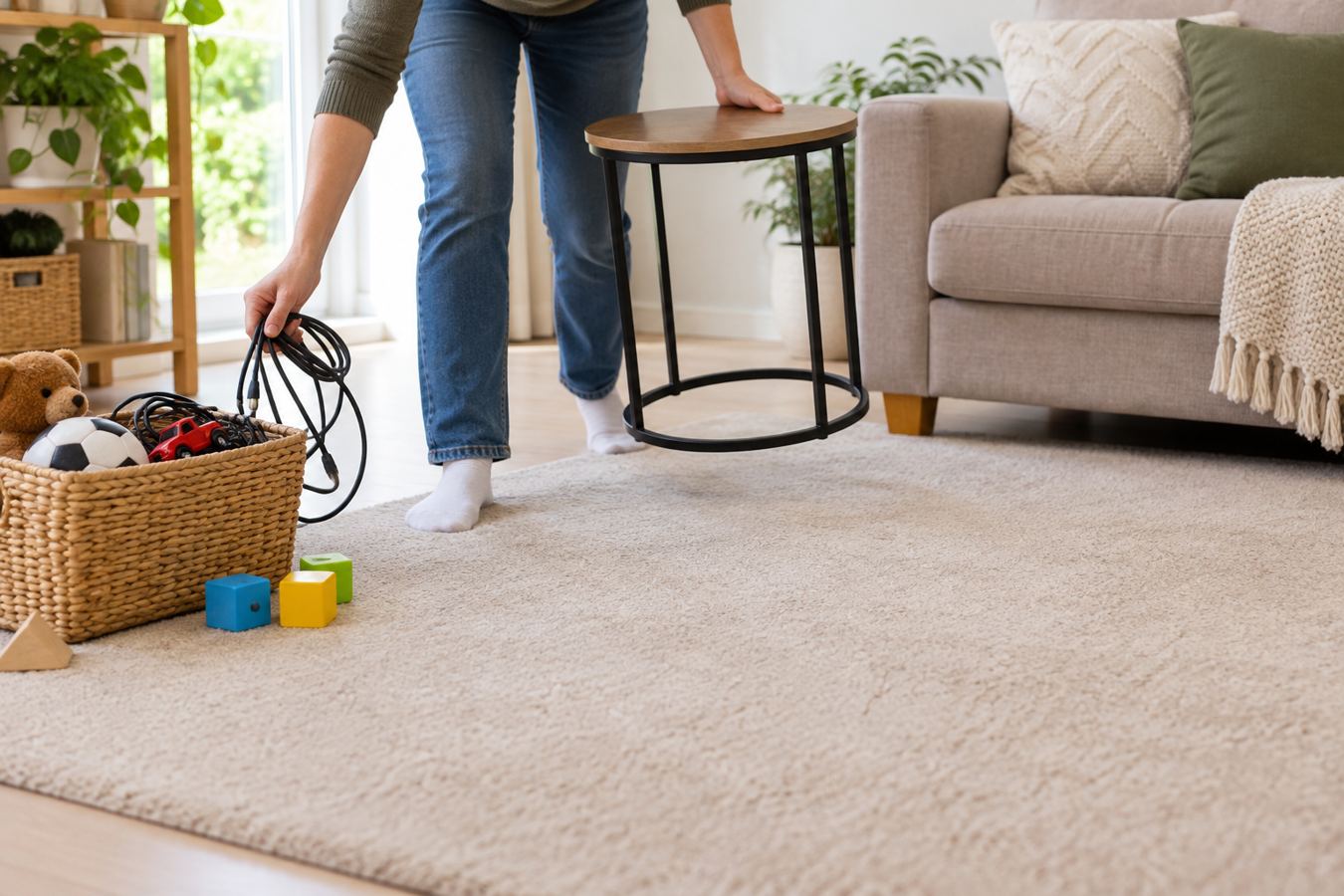 Person clearing cables, toys and a lightweight table from carpet before cleaning