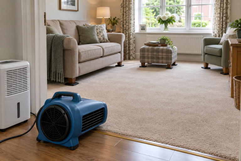 Air mover and dehumidifier beside a freshly cleaned carpet with furniture on protective blocks