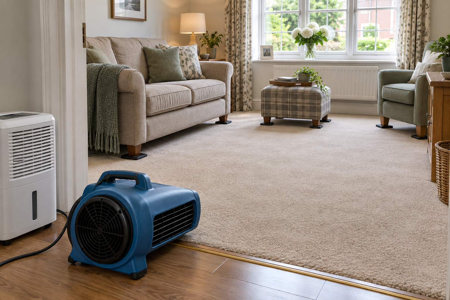Air mover and dehumidifier beside a freshly cleaned carpet with furniture on protective blocks