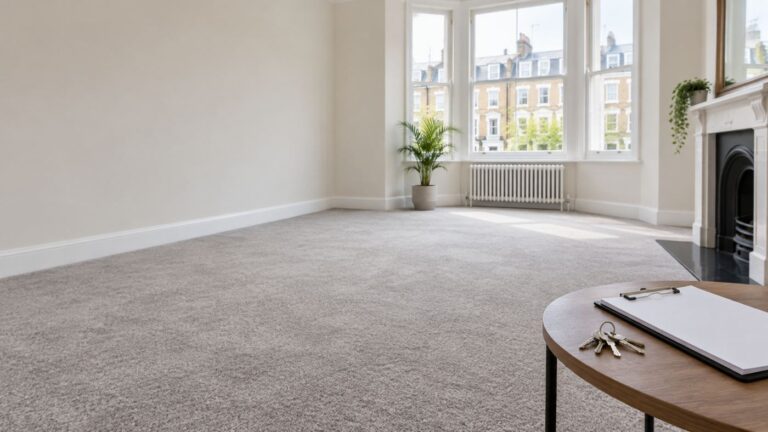 Empty London rental living room with clean carpet, keys and inventory clipboard