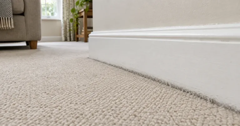 Narrow grey line along beige carpet where it meets white skirting.
