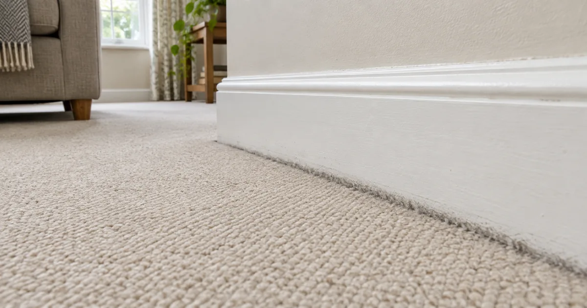 Narrow grey line along beige carpet where it meets white skirting.