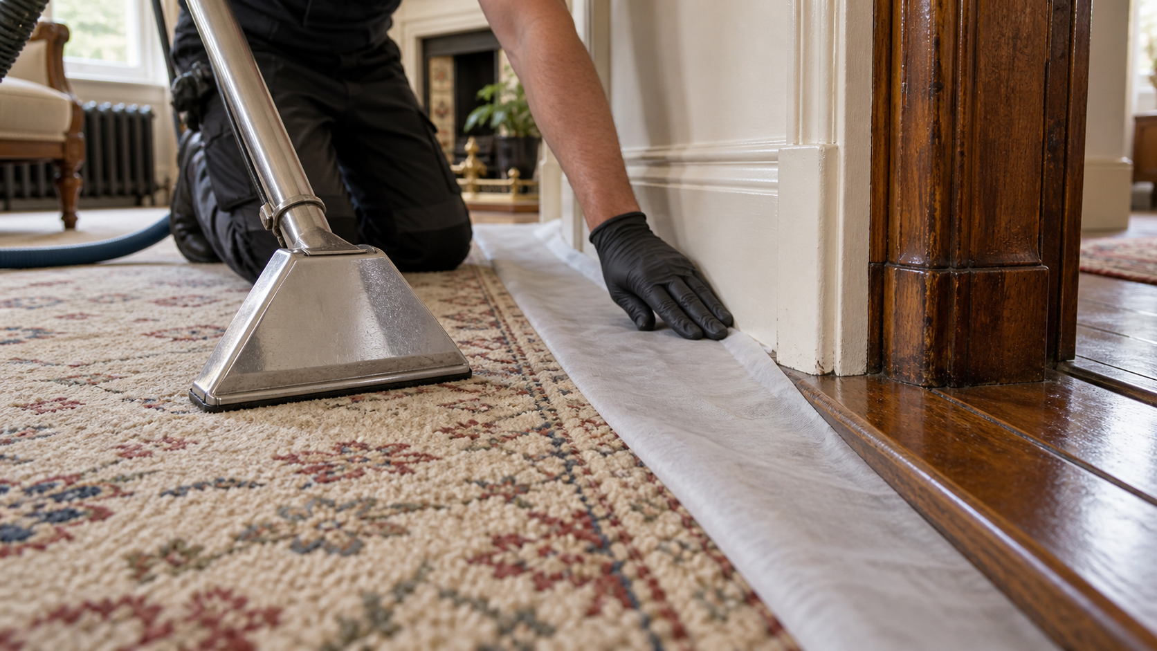 Carpet-cleaning equipment positioned beside protected timber flooring in a period property