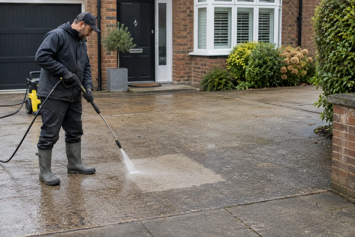 Pressure Washing in London 2 Illustration of a worker testing a pressure washer on sound concrete driveway paving.