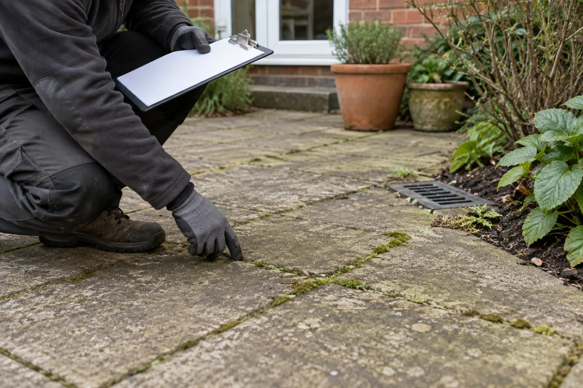 Pressure Washing in London 1 Worker inspects weathered patio paving, moss and drainage before cleaning.