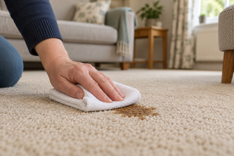 Hand blotting a small brown carpet stain with a folded white cloth