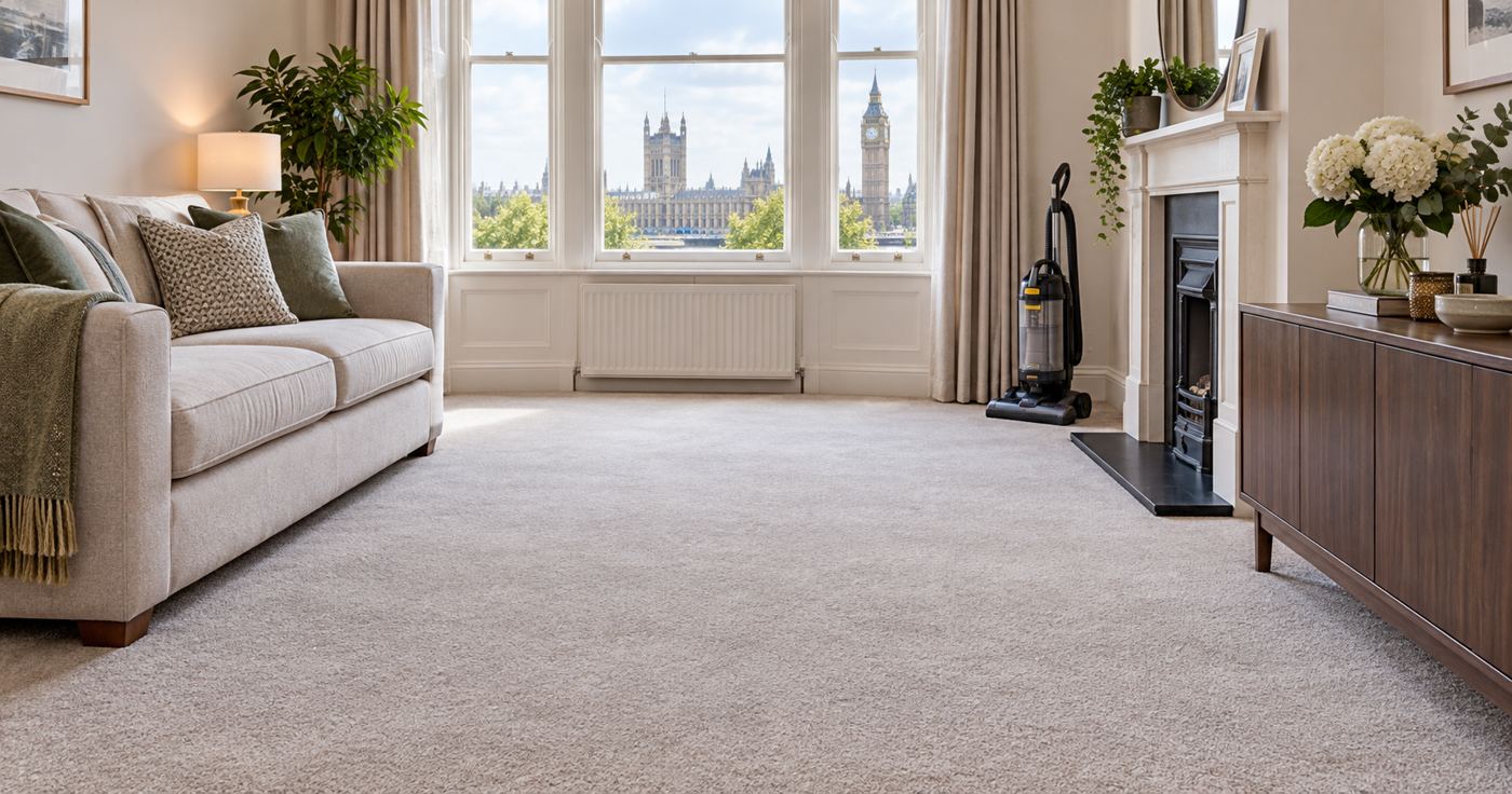 Living room with a cleared carpet prepared for a professional cleaning visit