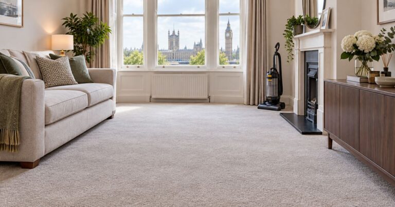 Living room with a cleared carpet prepared for a professional cleaning visit