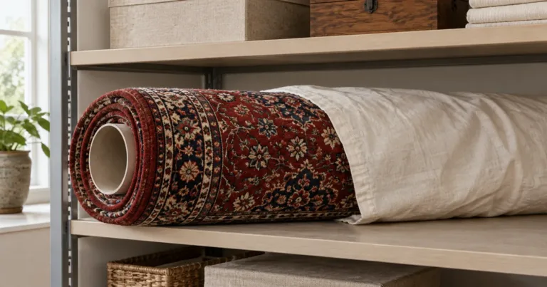 How to Store a Persian Rug Safely 3 Red and indigo Persian-style rug rolled around a wide tube and covered with cotton.