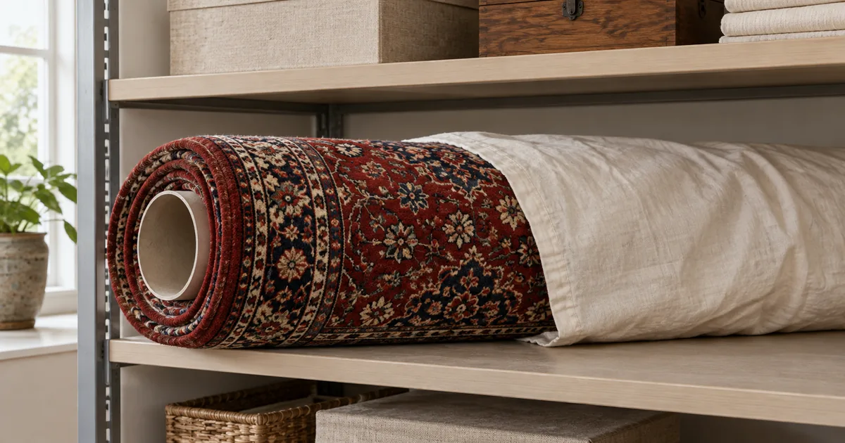 Red and indigo Persian-style rug rolled around a wide tube and covered with cotton.