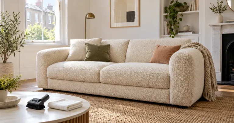How to Clean a Bouclé Sofa Safely 2 A cream bouclé sofa with looped upholstery in a bright living room.