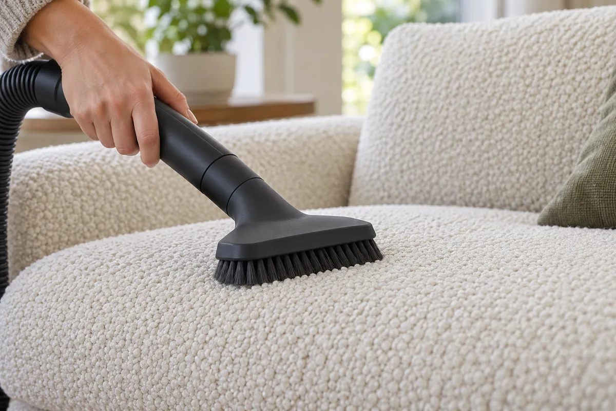A soft upholstery attachment resting lightly against the loops of a bouclé sofa.