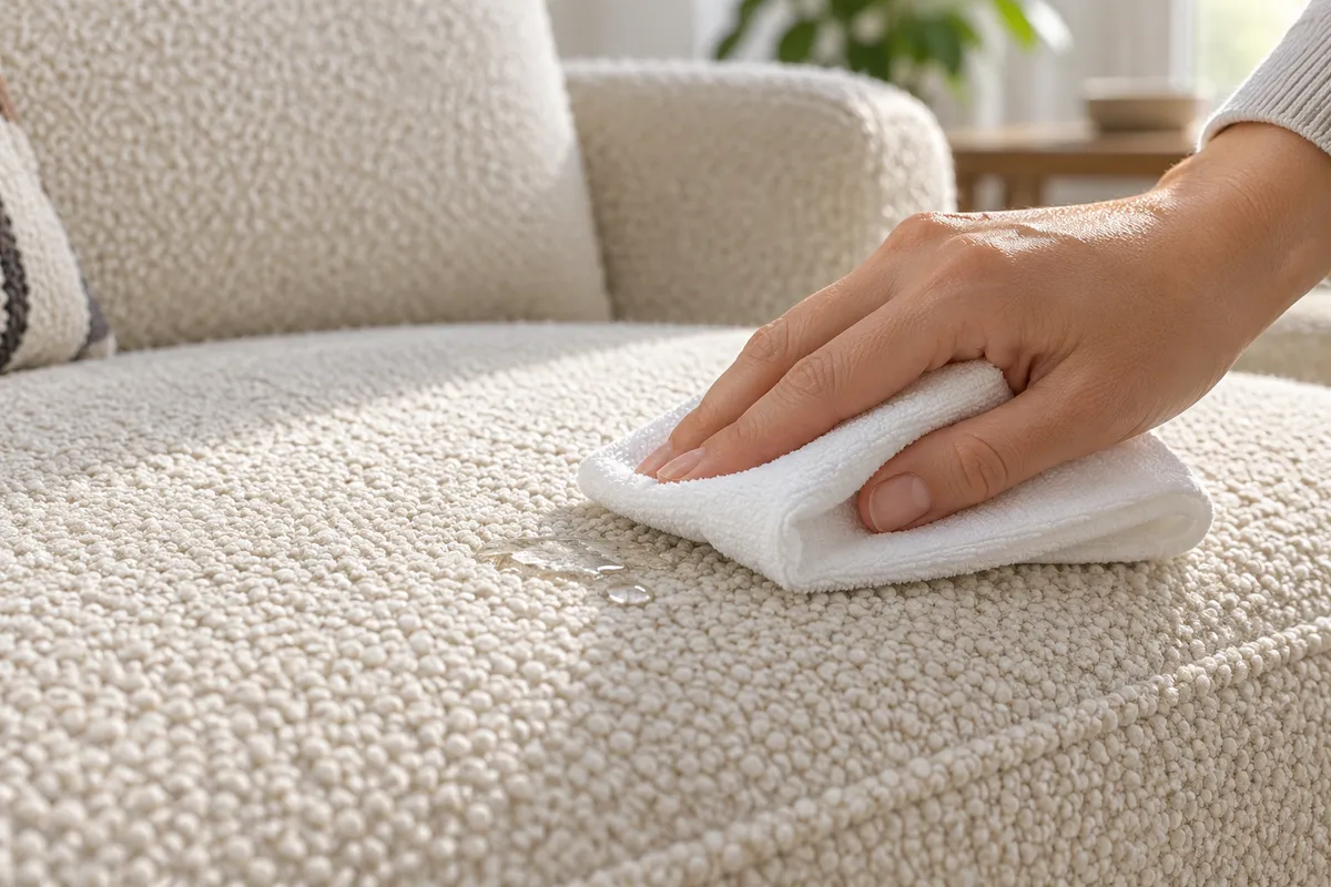 A white cloth gently blotting a small spill on cream bouclé upholstery.