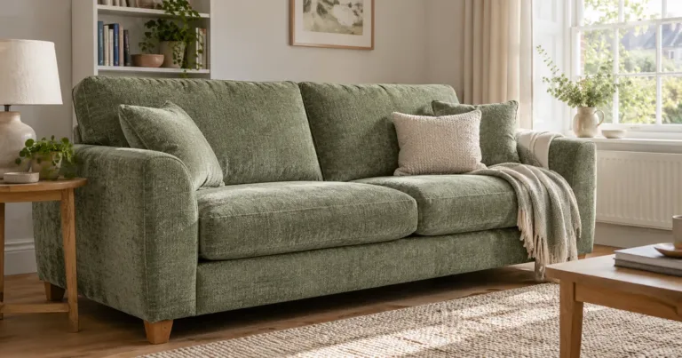 How to Clean a Chenille Sofa Without Flattening the Pile 1 A sage-green chenille sofa with soft textured pile in a bright living room.