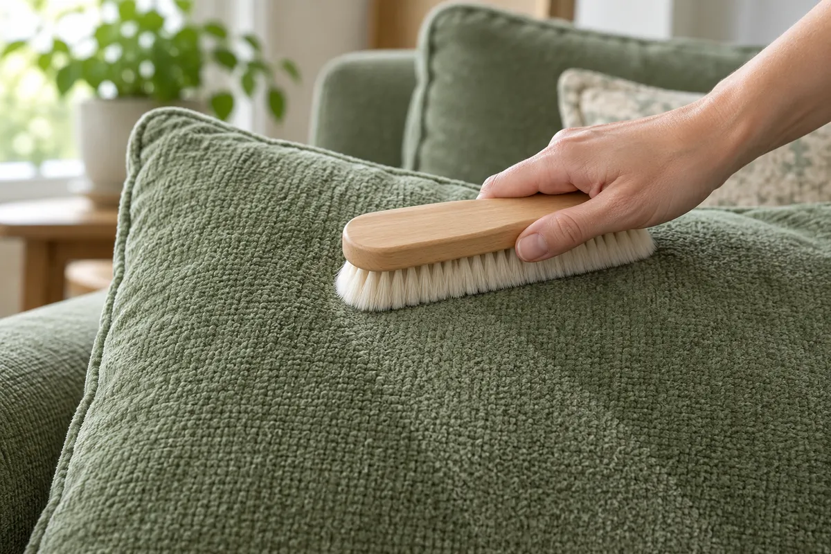 How to Clean a Chenille Sofa Without Flattening the Pile 1 A hand guiding a soft brush with the nap on dry sage-green chenille upholstery.