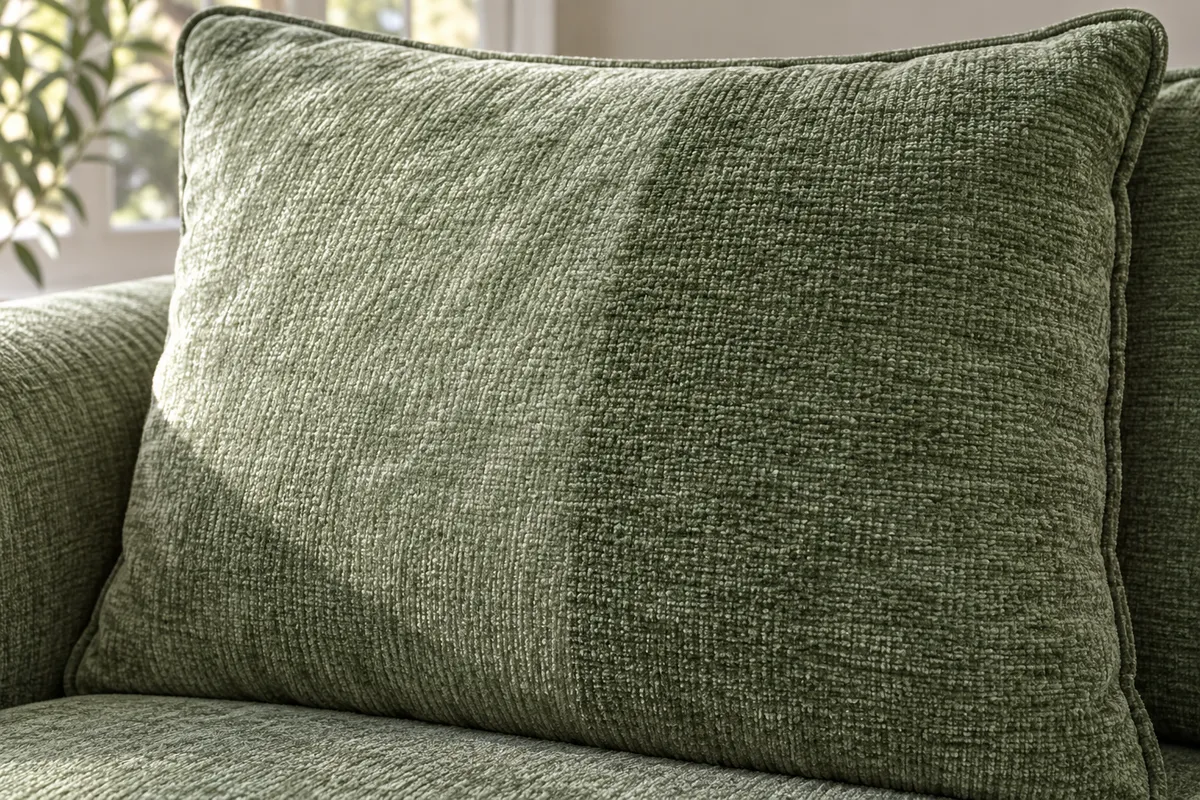 How to Clean a Chenille Sofa Without Flattening the Pile 2 A sage-green chenille cushion with lighter and darker areas of directional pile shading.