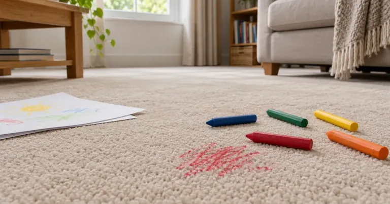 Colourful crayons beside a small red crayon mark on beige living-room carpet.