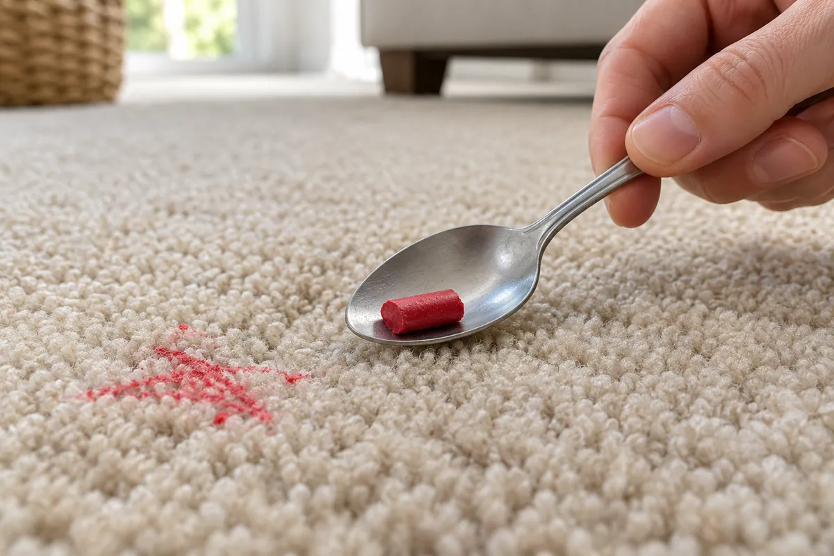 A hand using a rounded spoon to lift a loose red crayon fragment from carpet.