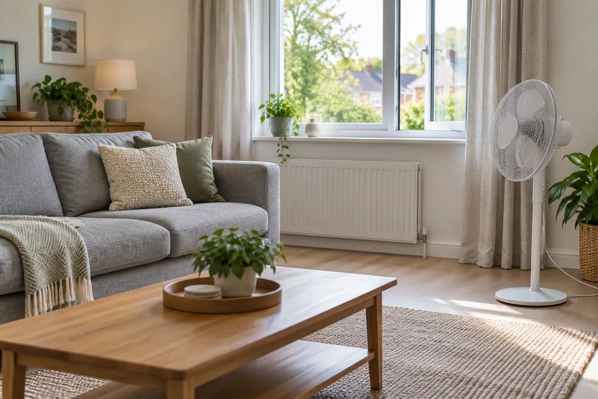 A floor fan near a window across the room from a grey sofa.