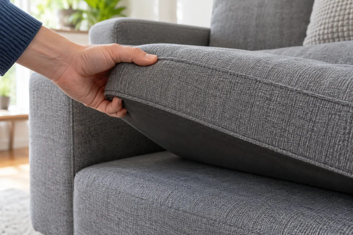 One hand lifting the edge of an intact grey sofa seat cushion to inspect its outer seam.